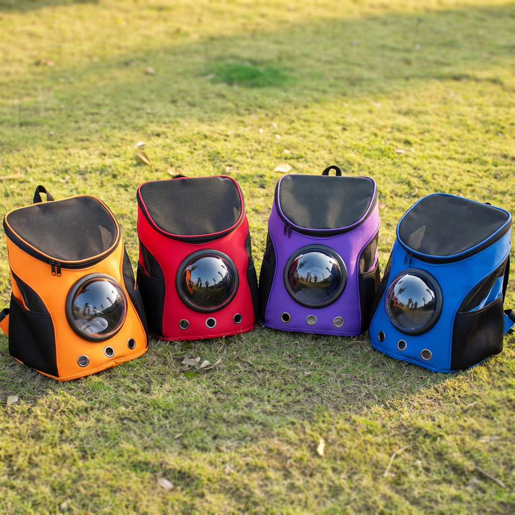 Four bubble window pet backpacks in orange, red, purple and blue stand on grass.