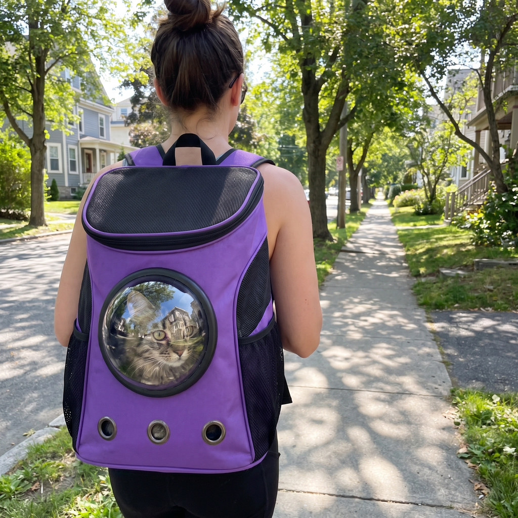 Owner wearing the purple astronaut bubble backpack with cat inside on a sidewalk - wrenwood ugc lifestyle v2