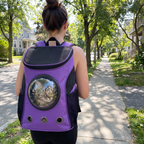 Owner wearing the purple astronaut bubble backpack with cat inside on a sidewalk - wrenwood ugc lifestyle v2