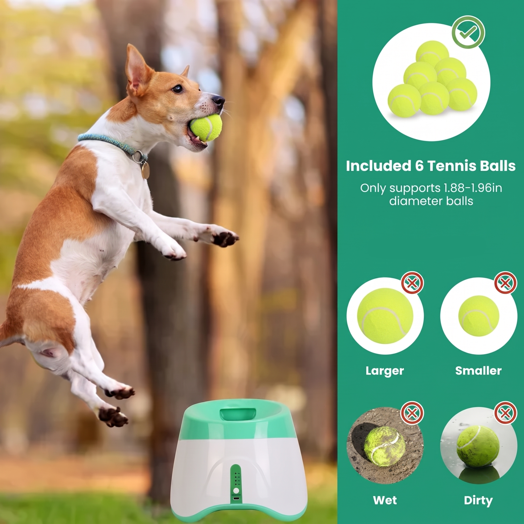 Jack Russell leaps with a tennis ball above the launcher, beside a ball compatibility panel.