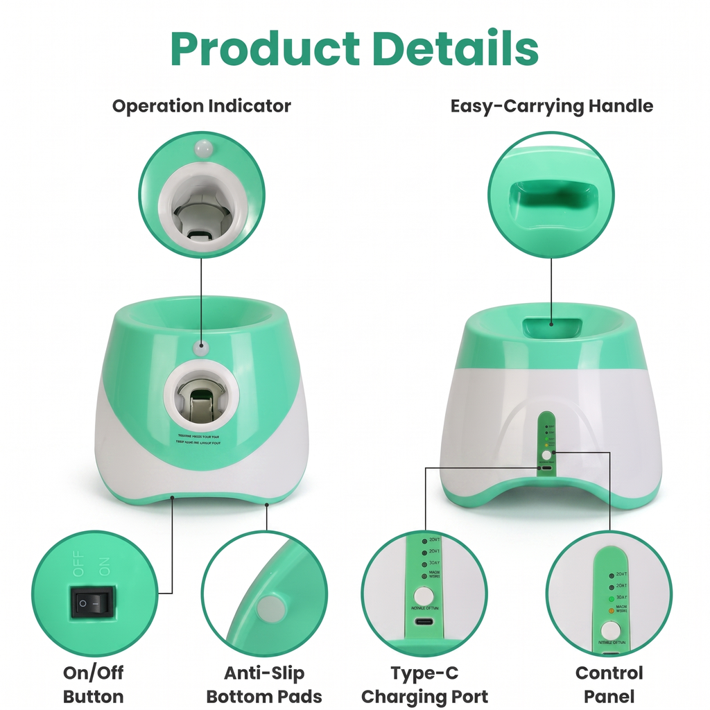 Product diagram of the teal ball launcher with labelled buttons, handle and charging port.