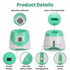 Product diagram of the teal ball launcher with labelled buttons, handle and charging port.