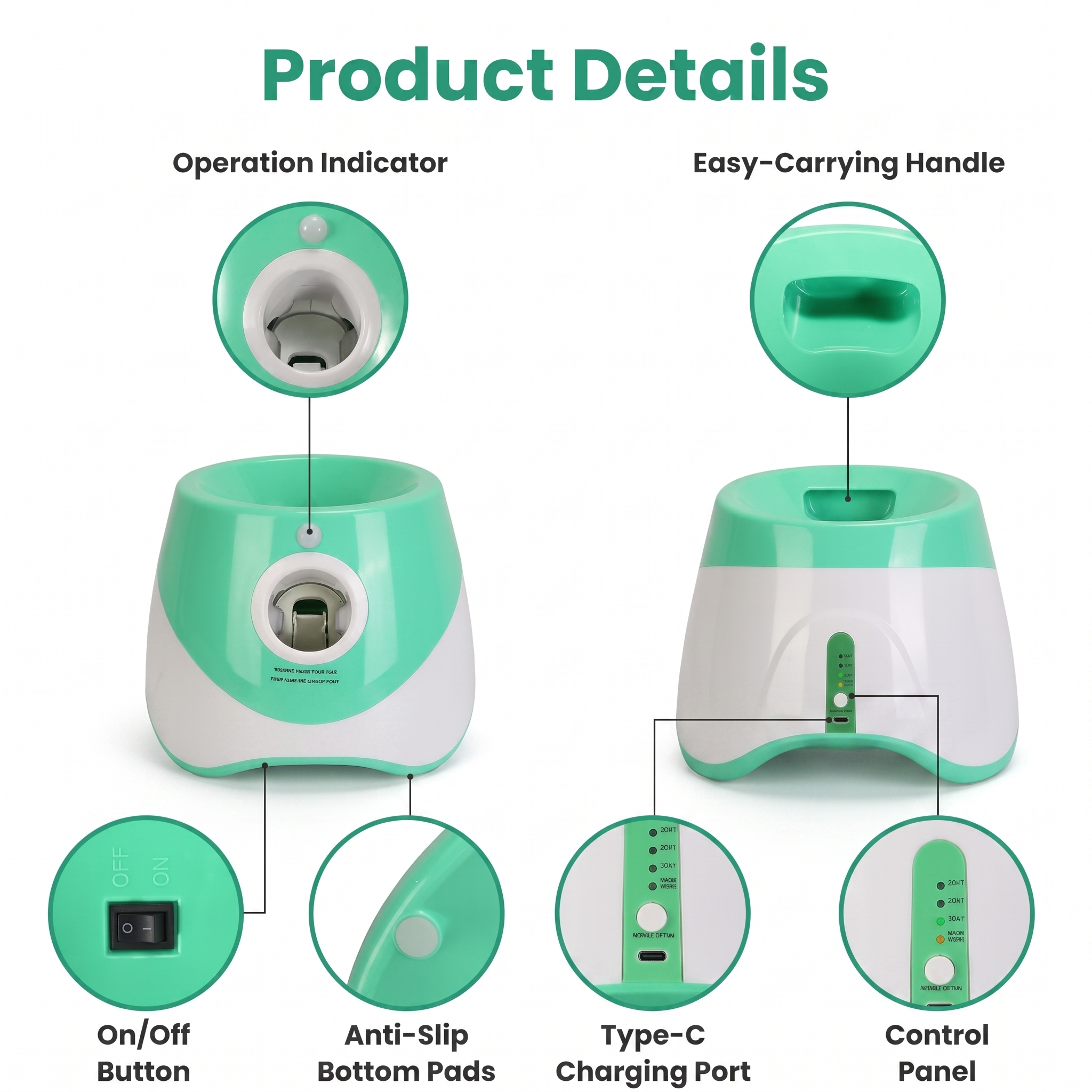 Product diagram of the teal ball launcher with labelled buttons, handle and charging port.