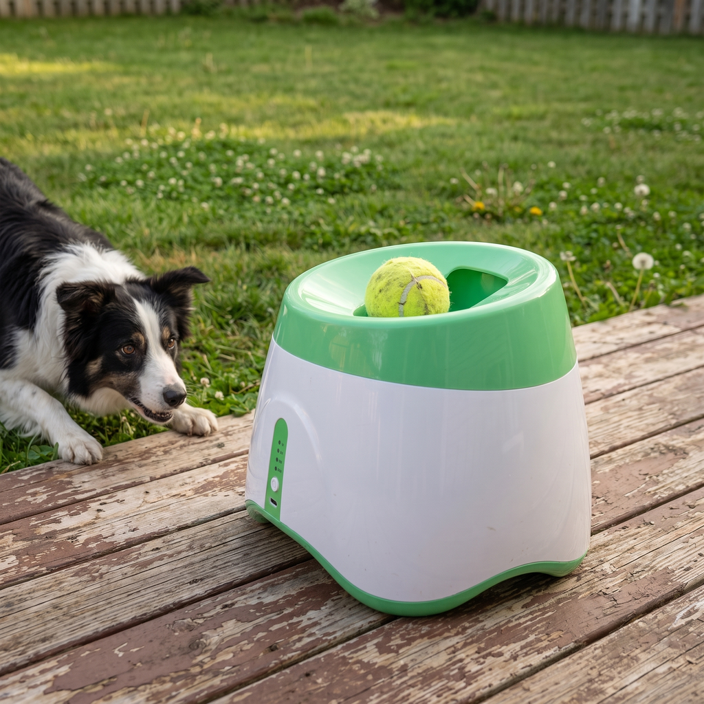 Automatic ball launcher on a back patio with border collie watching - wrenwood hero v2
