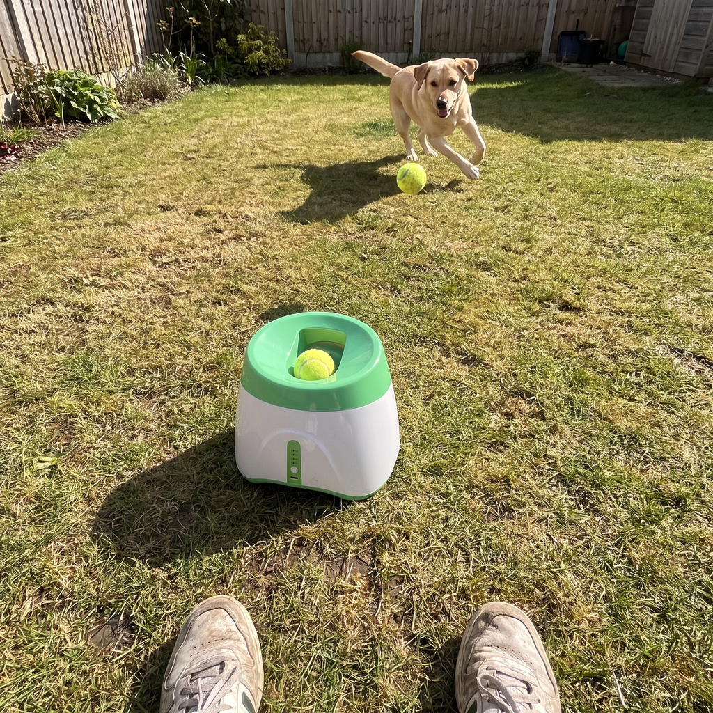 Owner POV of the ball launcher on the lawn with lab chasing a launched ball - wrenwood ugc lifestyle v2