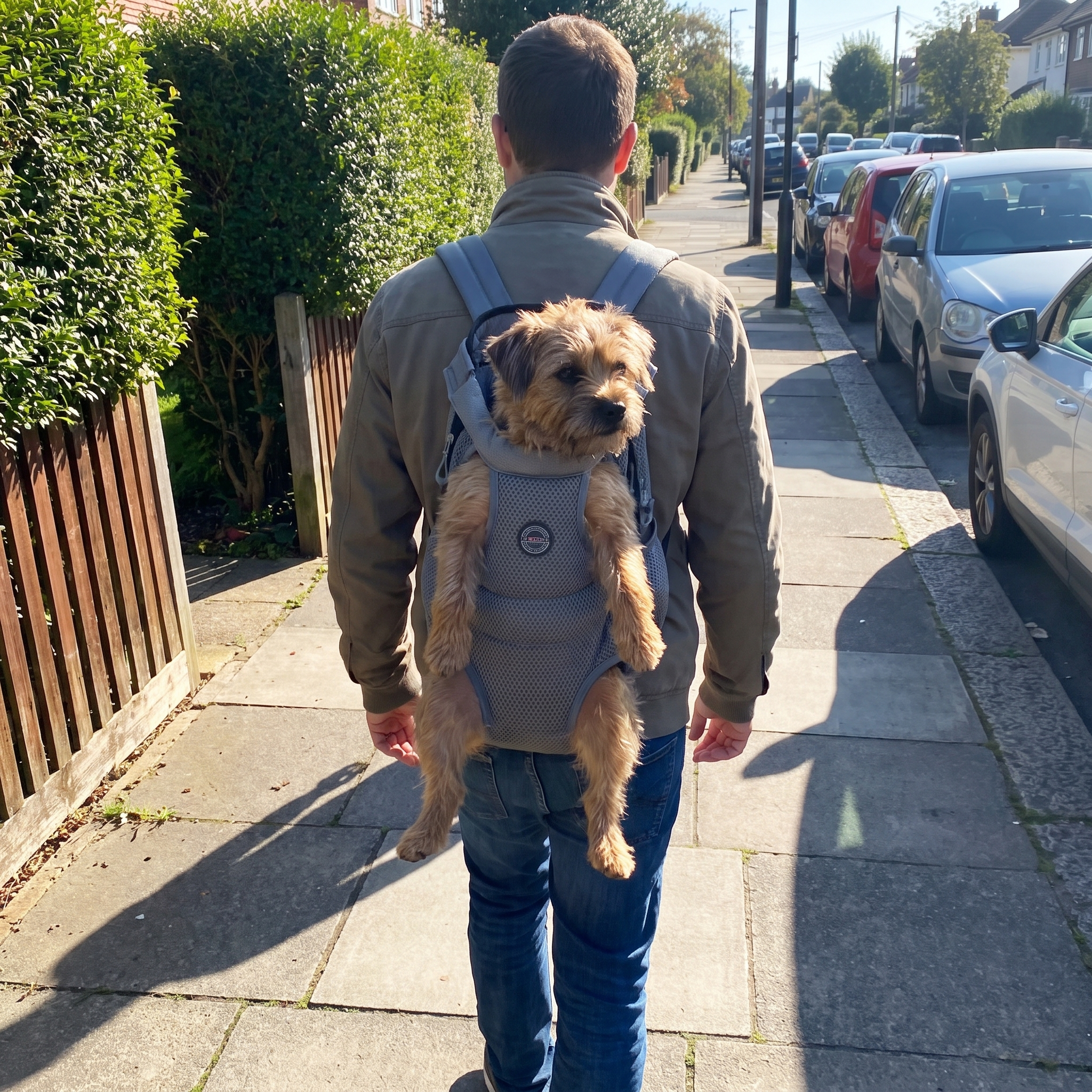 Grey legs-out pet backpack on a neighborhood sidewalk walk, dog riding along - wrenwood ugc lifestyle v2