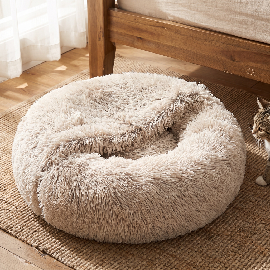 Tabby cat sits on the floor beside the empty cream fluffy donut bed.
