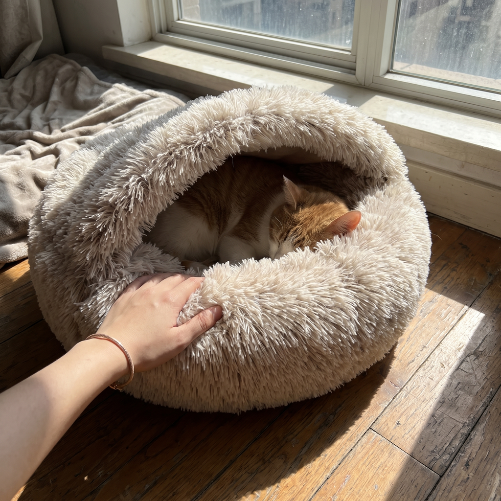 Hand resting on the plush rim of the hooded donut bed while a cat naps inside - wrenwood ugc lifestyle v2