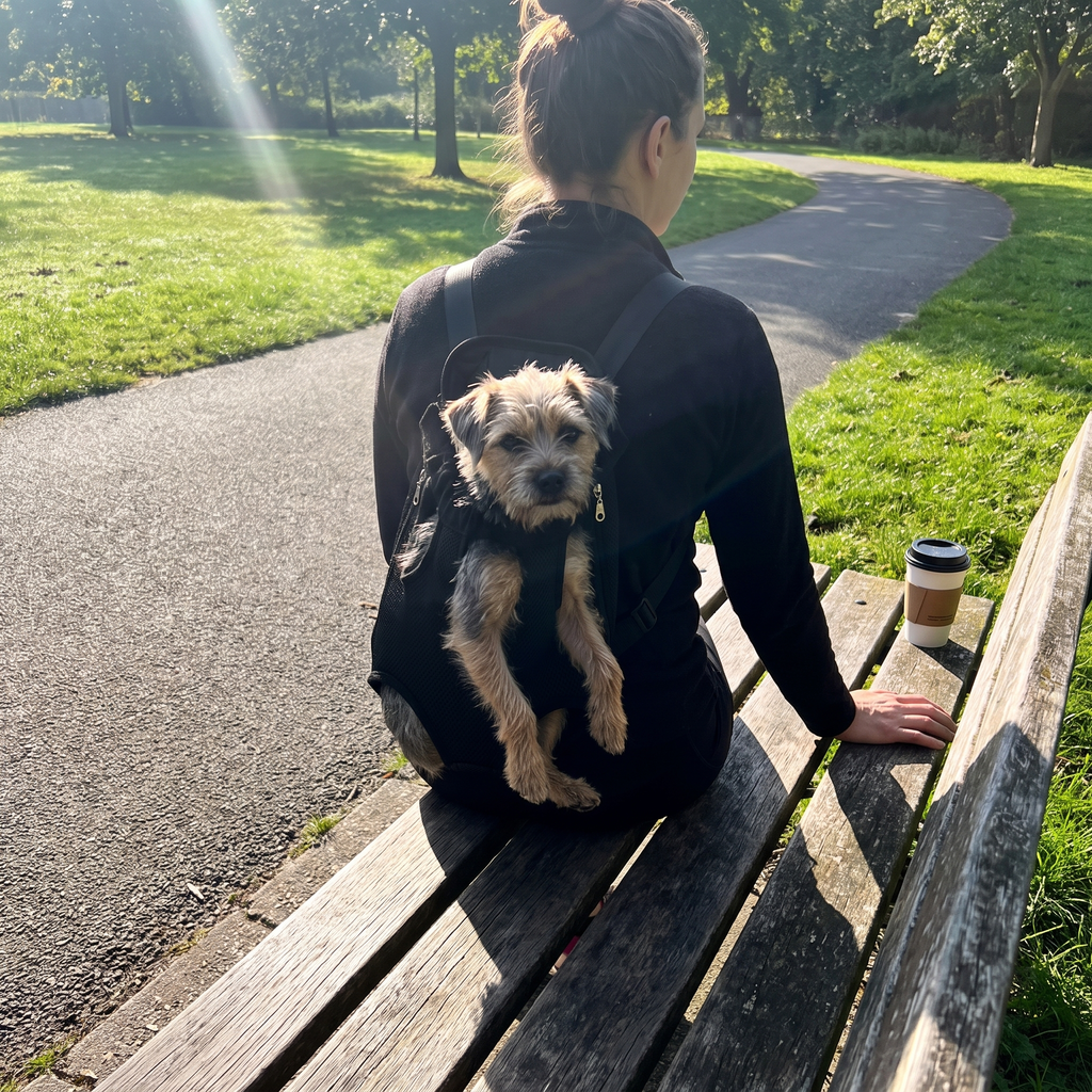 Black pet sling carrier on a park bench, dog riding along - wrenwood ugc lifestyle v2