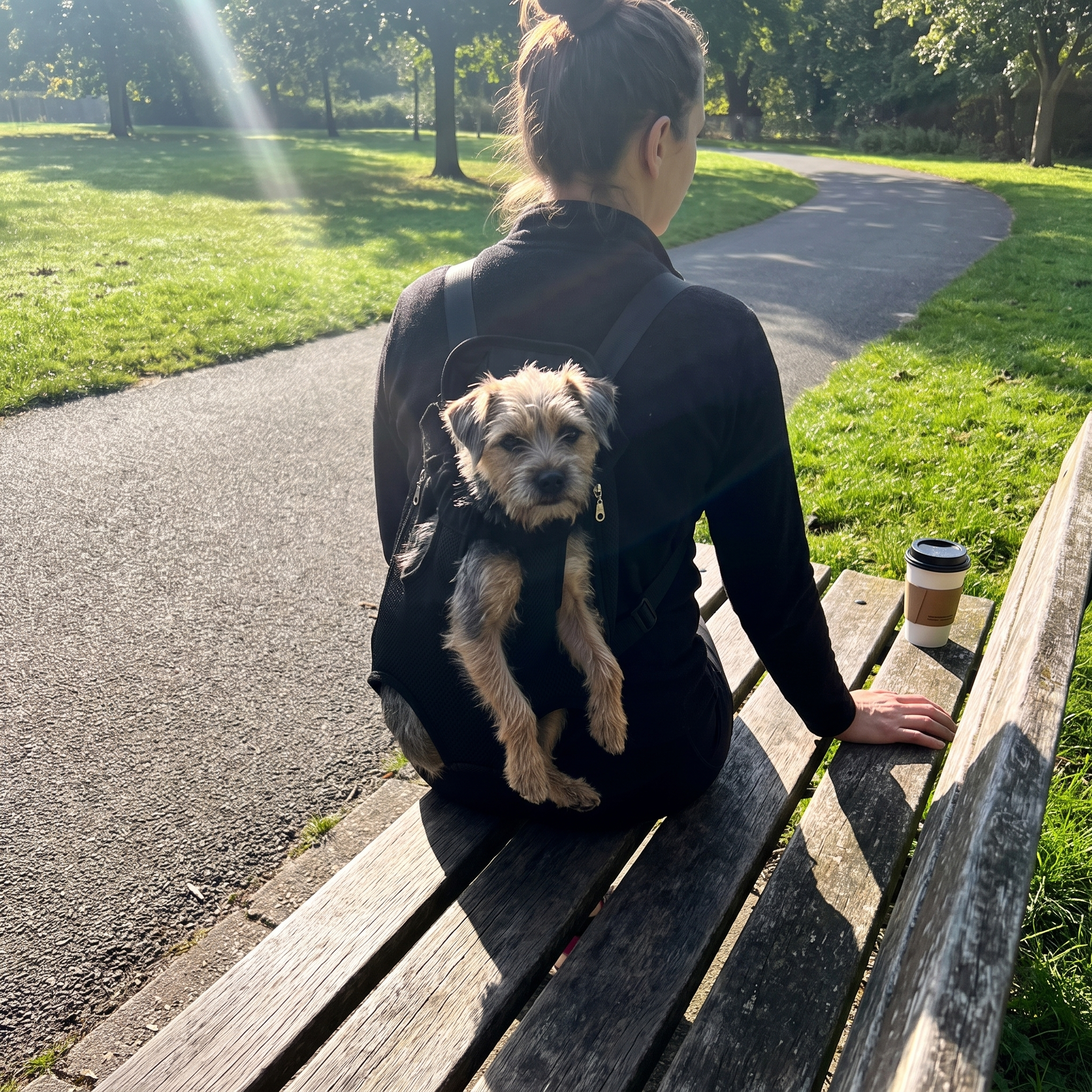 Black pet sling carrier on a park bench, dog riding along - wrenwood ugc lifestyle v2