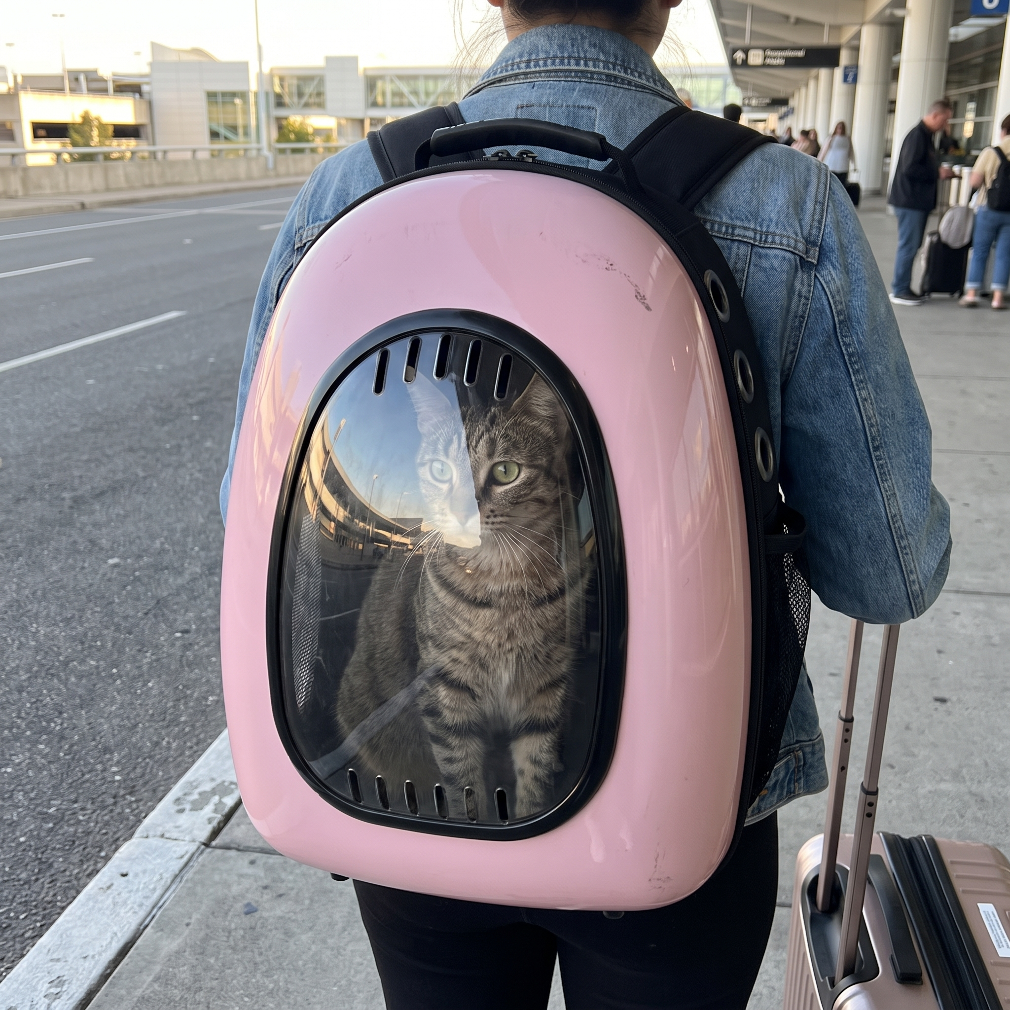 Pink bubble cat backpack worn at an airport curb, cat visible through the clear window - wrenwood hero v2