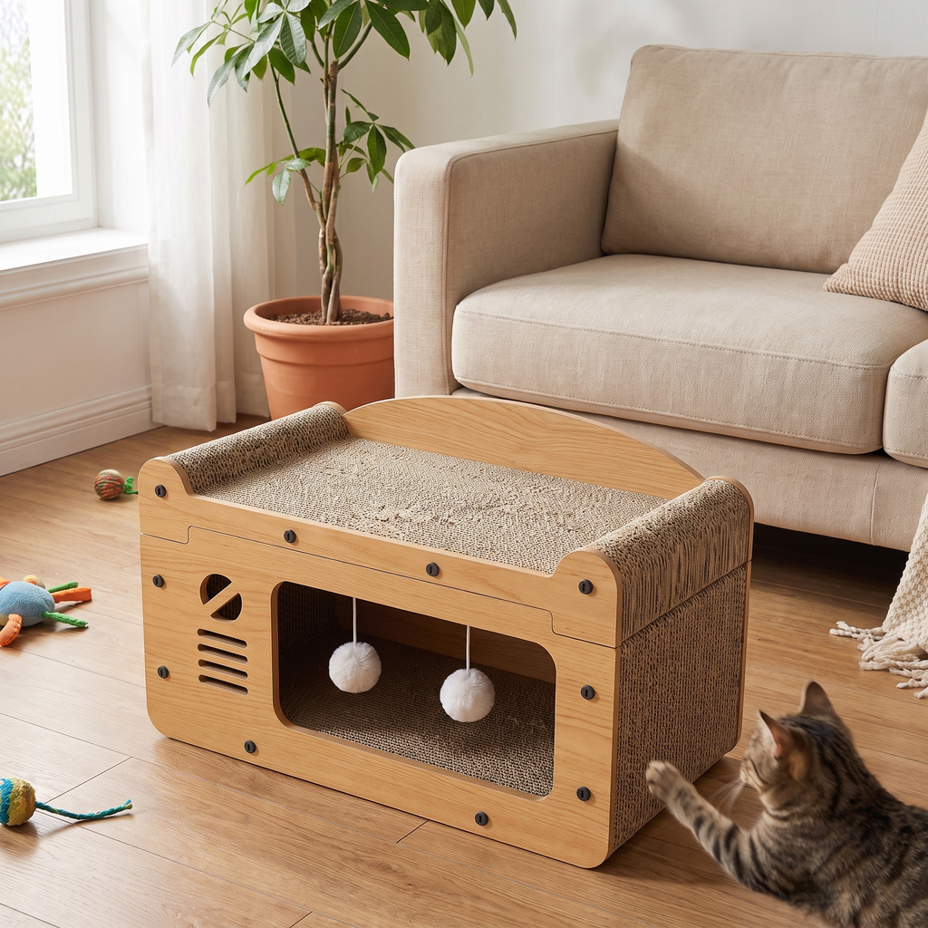 Cardboard cat scratcher sofa with teaser balls on a living room floor beside a couch - wrenwood hero v2