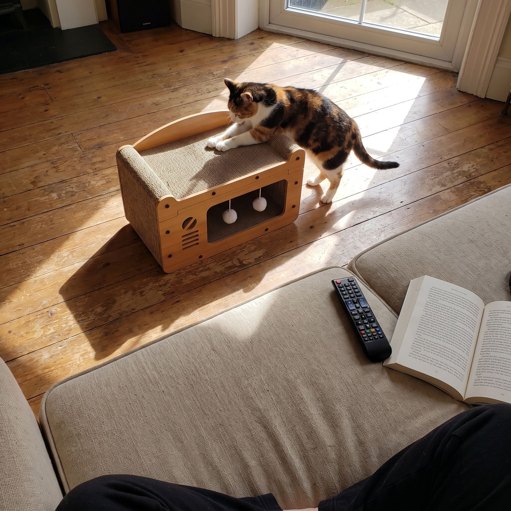 Cat scratching the cardboard scratcher sofa, phone shot from the couch - wrenwood ugc lifestyle v2