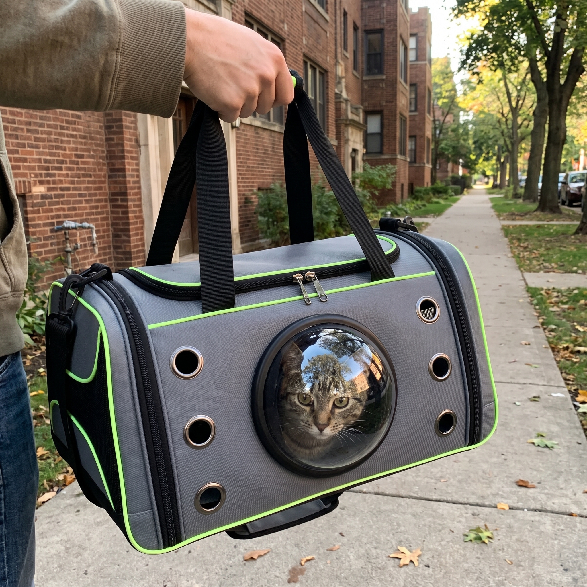 Grey bubble pet carrier backpack held in the owner's hand on a sidewalk, cat peeking through the bubble window - wrenwood hero v2