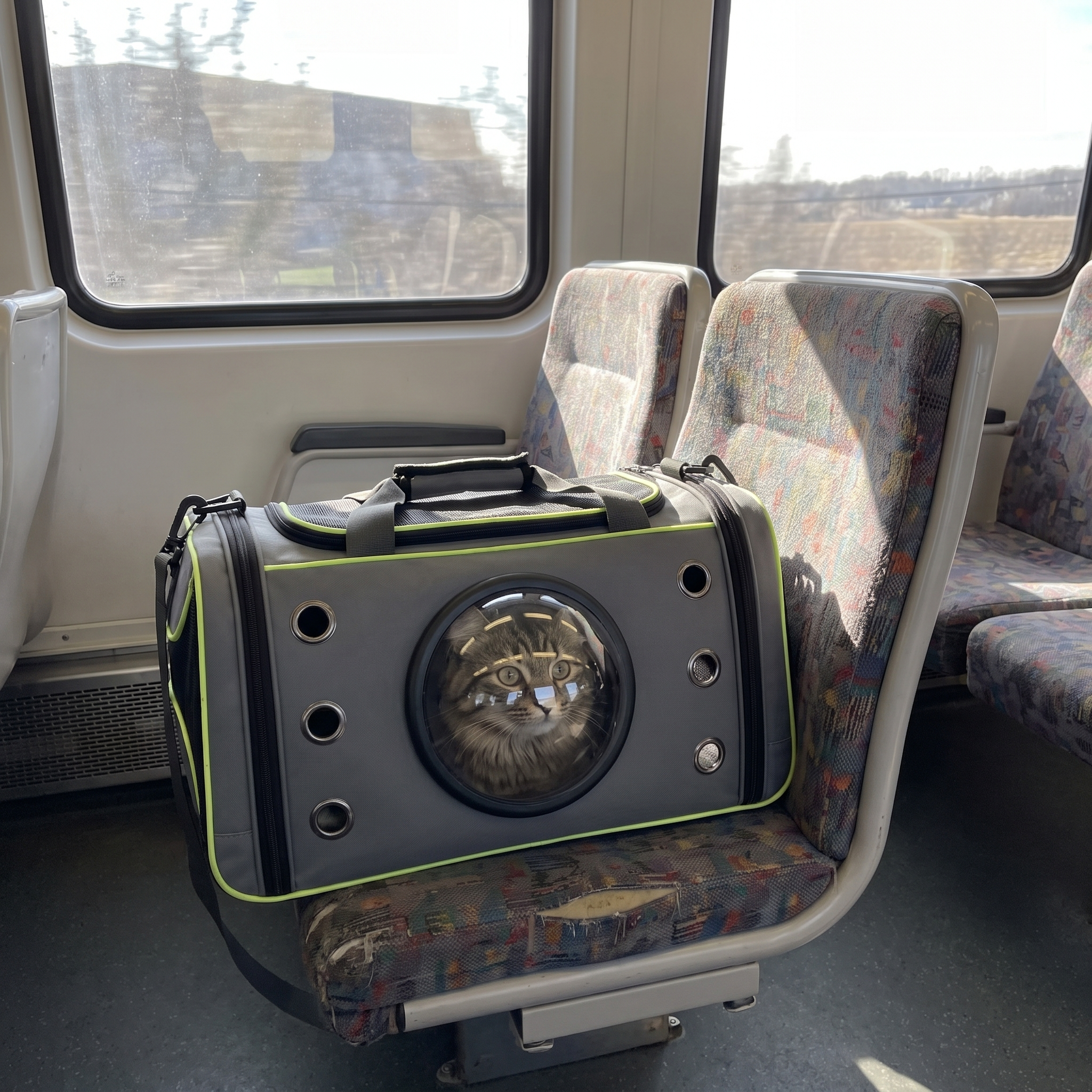 Grey bubble pet carrier on a train seat, cat looking out the window - wrenwood ugc lifestyle v2