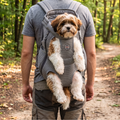 Shih tzu rides in the front-worn grey mesh carrier backpack on a woodland trail.