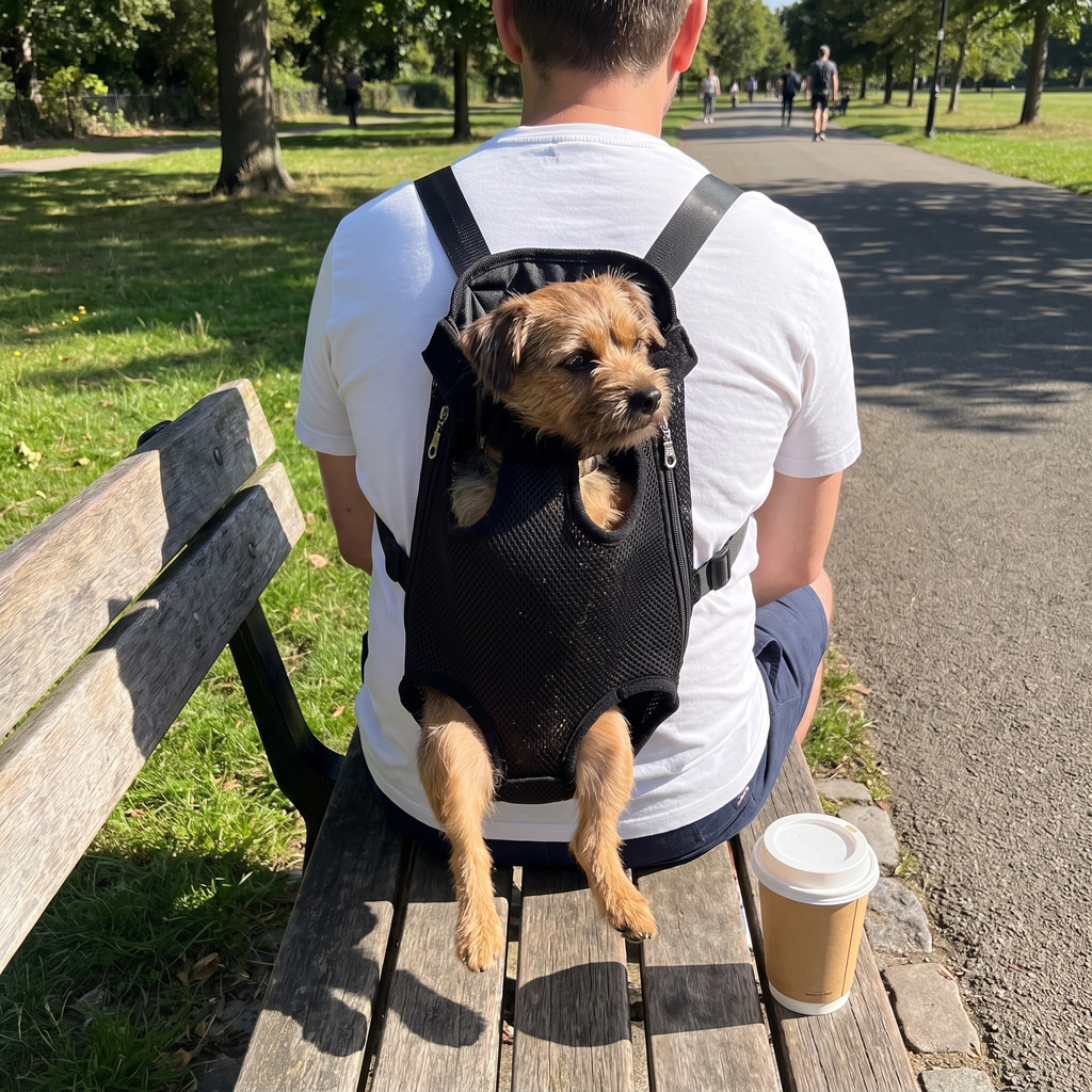 Small tan dog rides in the back-worn mesh carrier on a person at a park bench.