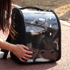 Black and white cat sits inside the bubble backpack as a woman crouches beside it.