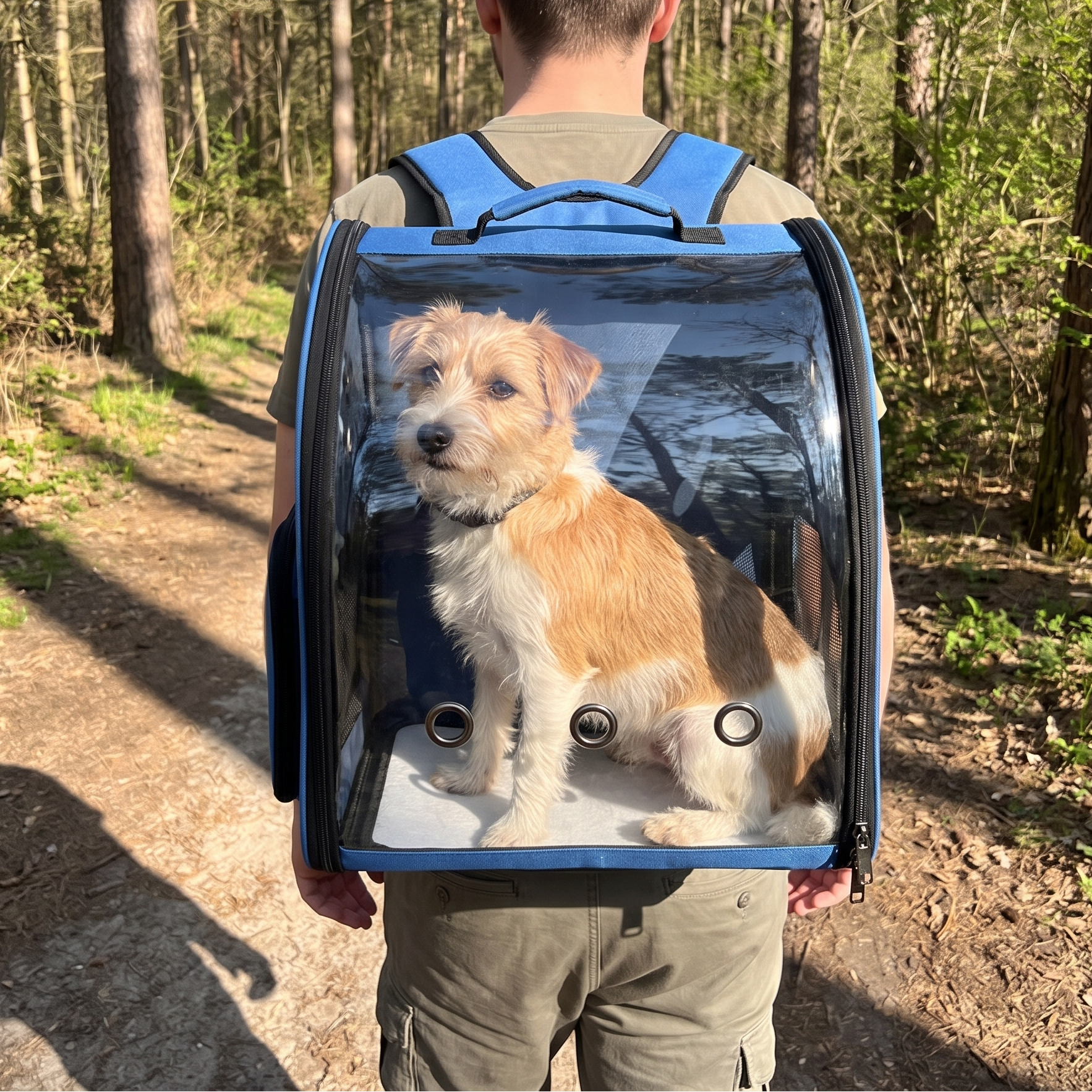A small tan and white dog sits inside a clear-sided backpack carrier worn on a person's back, standing on a forest path.