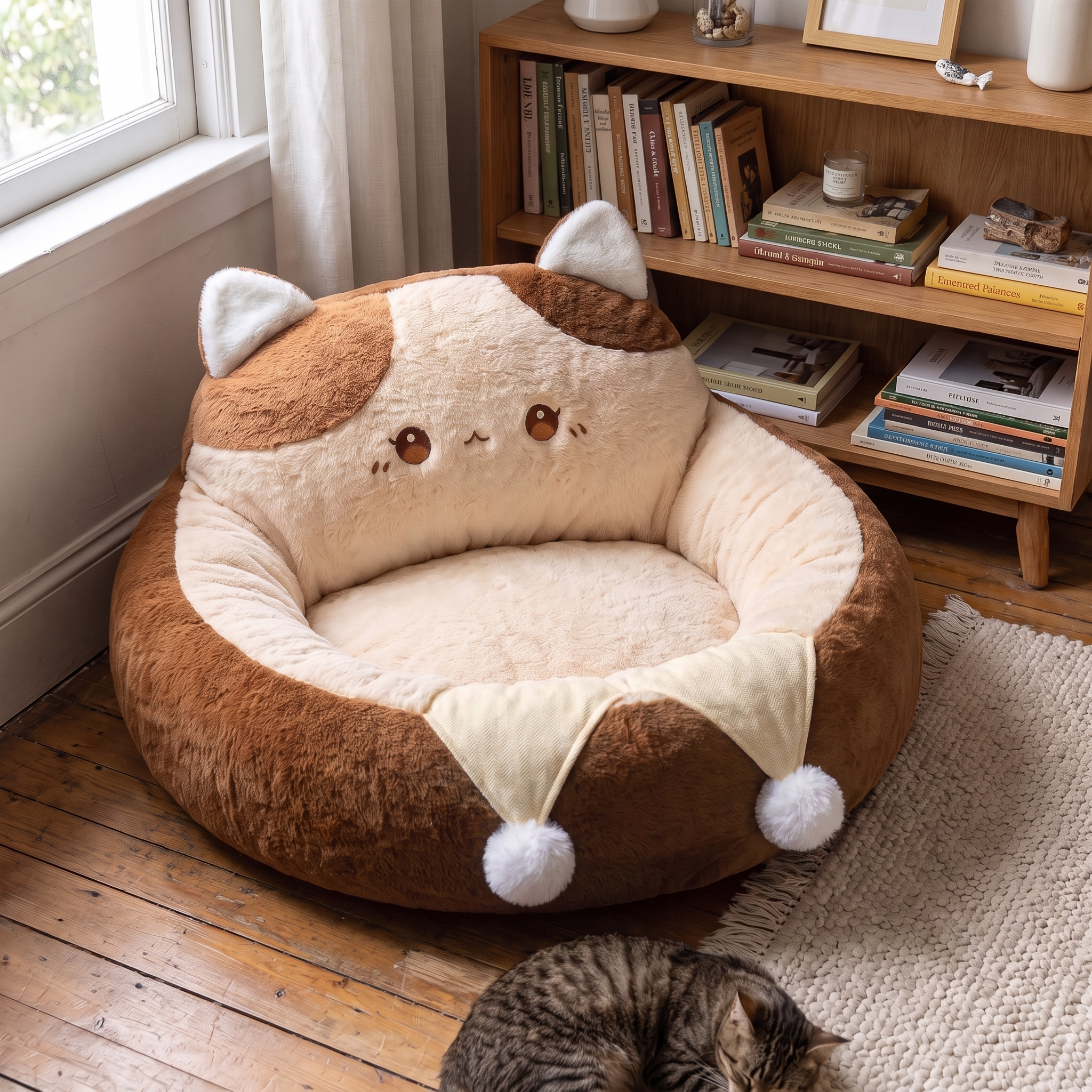Grey tabby curls on the floor in front of the empty cat face plush bed.