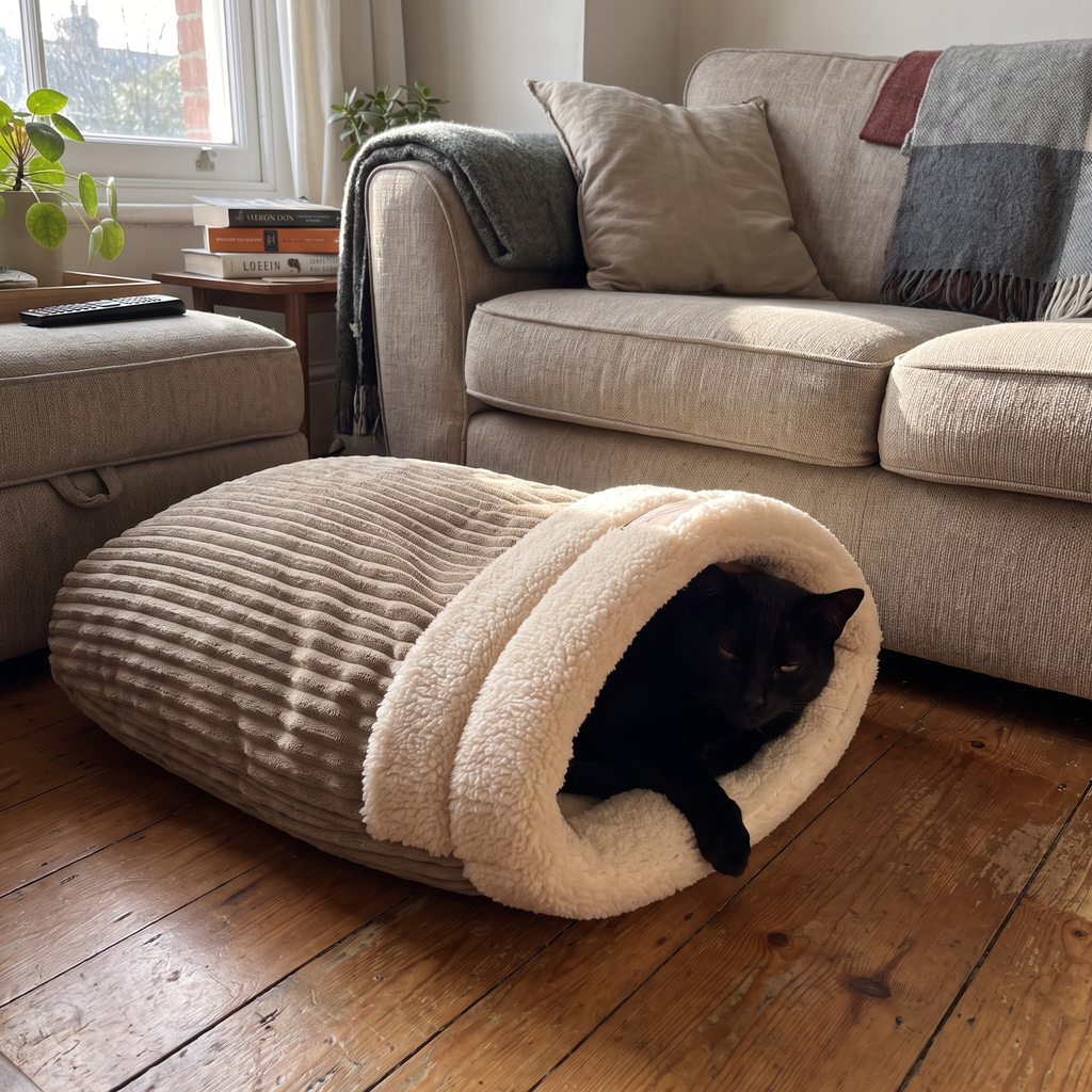 Black cat lies inside the cream hooded cave bed on a wooden floor.