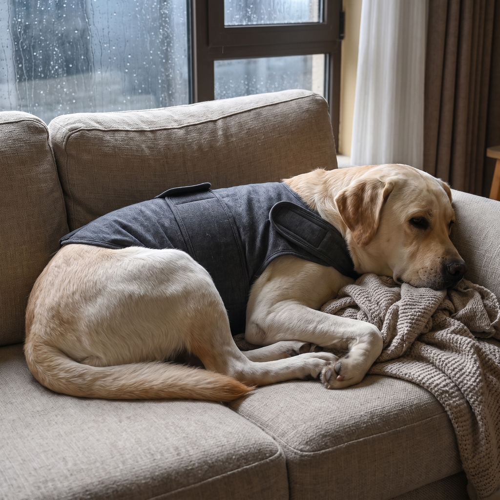 Yellow labrador lies on a beige sofa wearing the grey calming comfort vest.