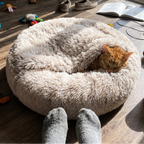 Tabby cat sleeps in the cream fluffy donut bed beside a person's socked feet.