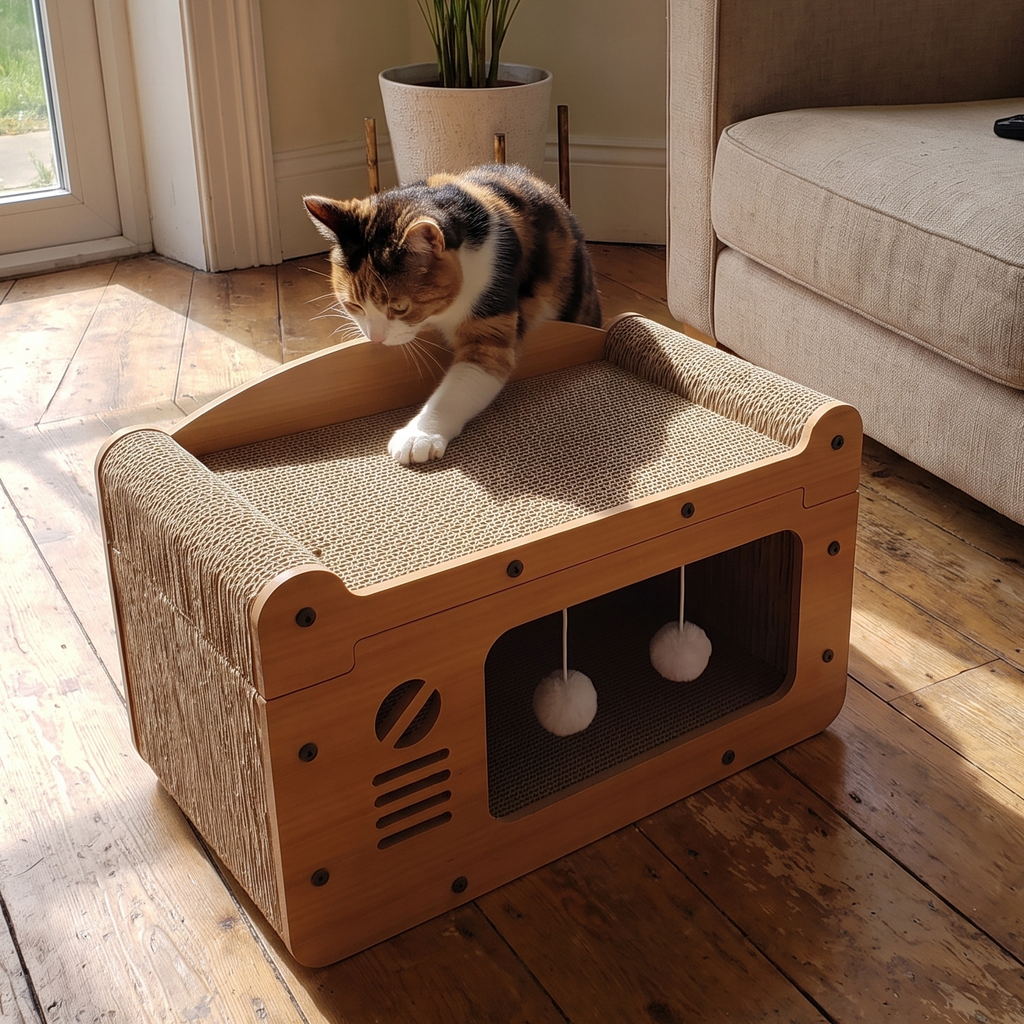 Calico cat crouches on the cardboard cat scratcher sofa with teaser balls in a living room.