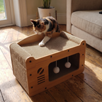 Calico cat crouches on the cardboard cat scratcher sofa with teaser balls in a living room.