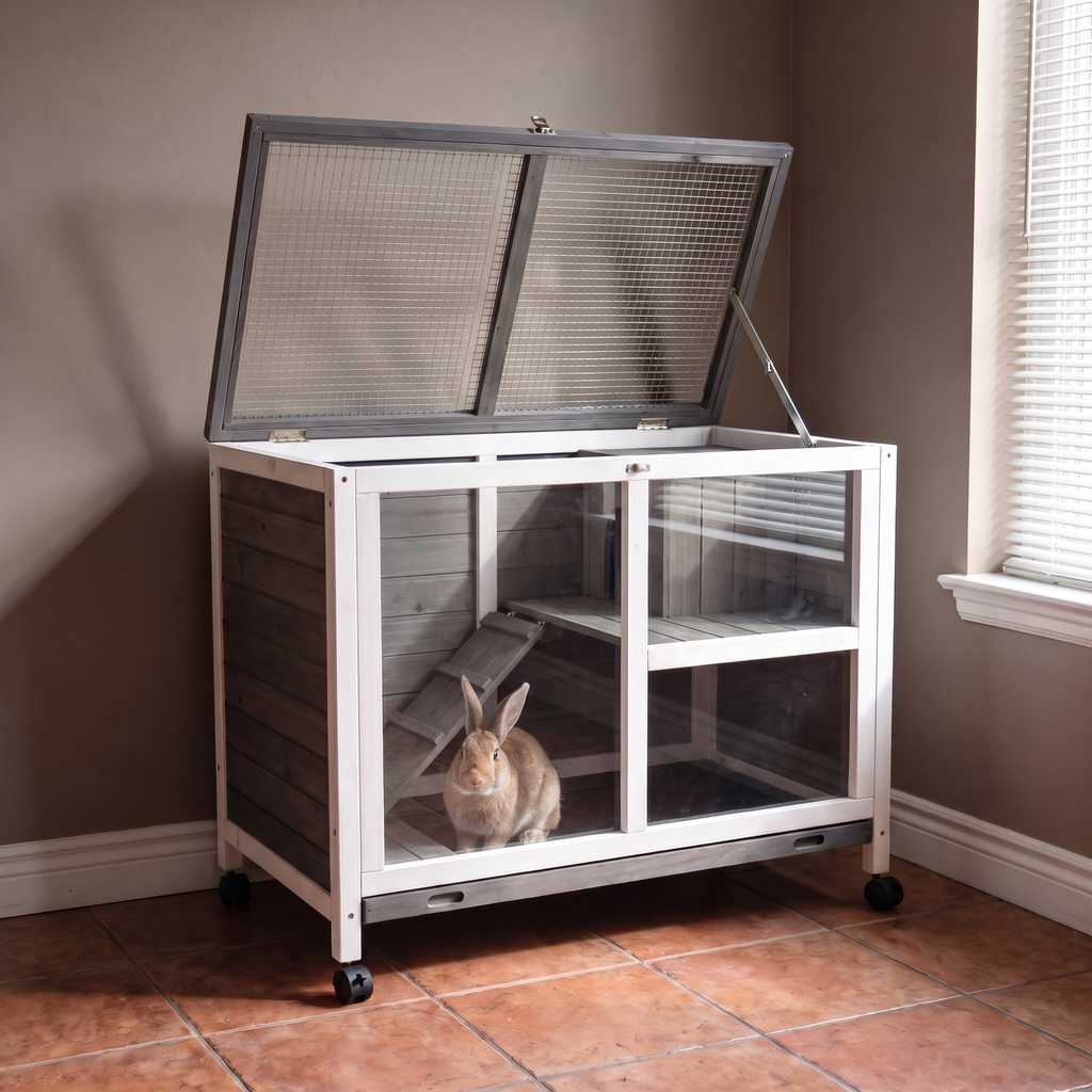 Brown rabbit sits inside the compact wooden hutch on castors by an indoor window.
