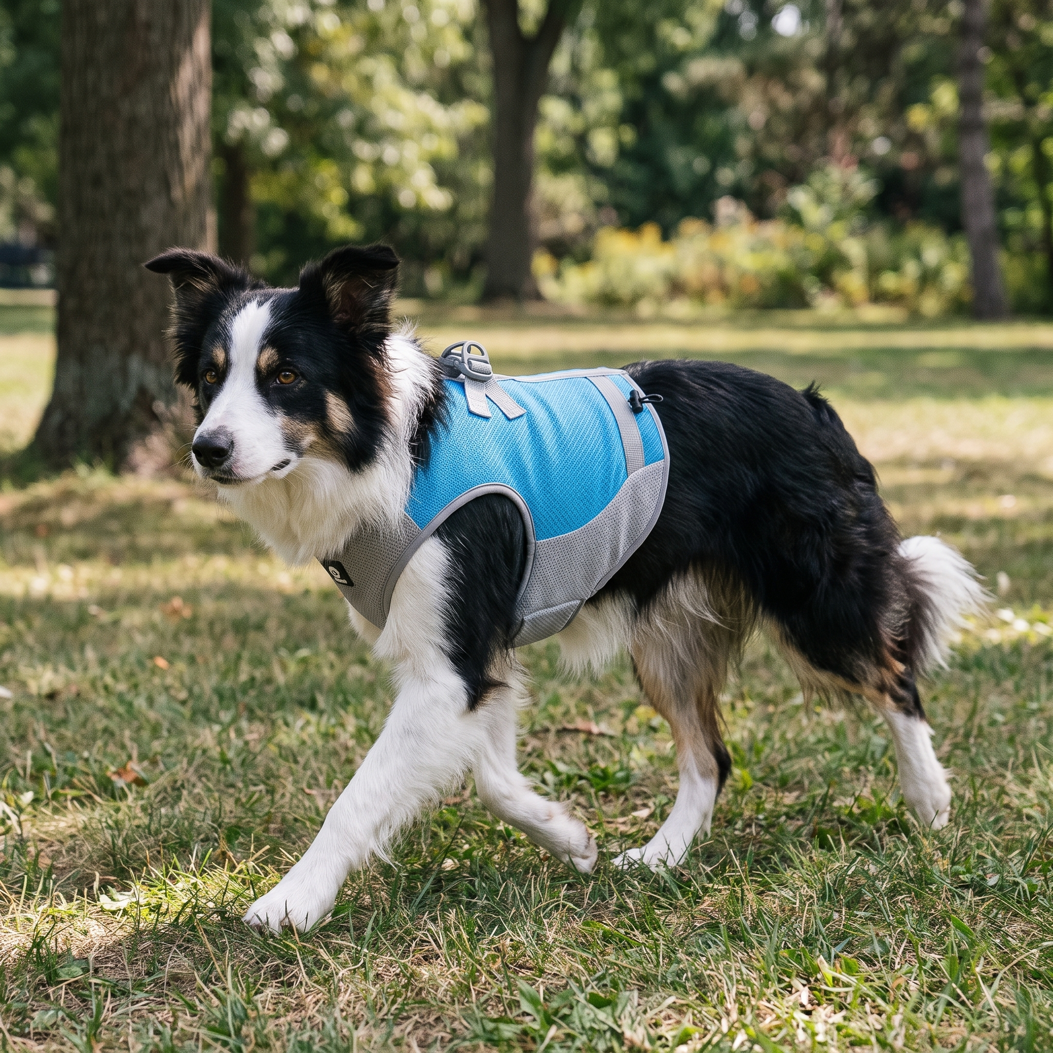 Border collie walks across park grass wearing the light blue cooling vest.