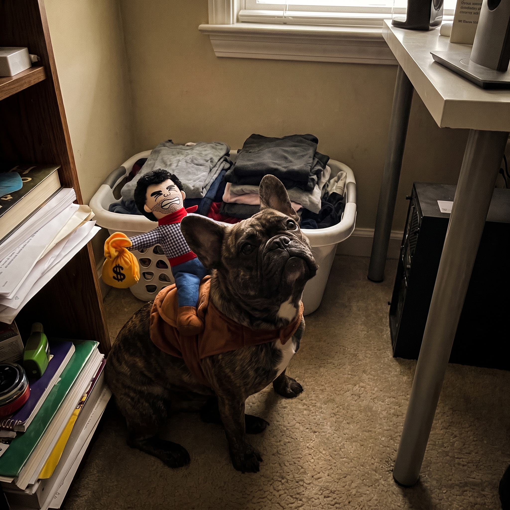 Brindle French bulldog wears the cowboy rider costume on a home office floor.