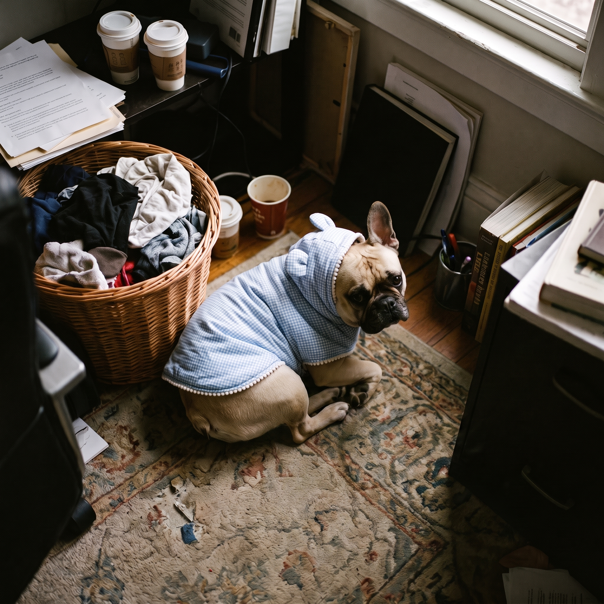 French bulldog in blue pyjamas sits on a rug beside a laundry basket.