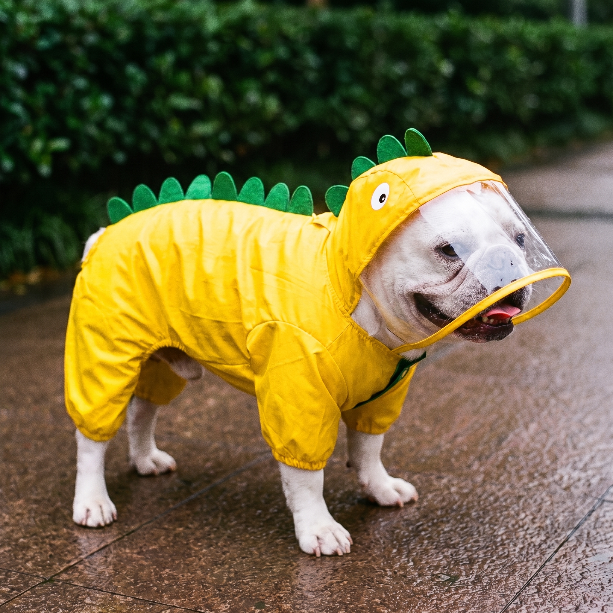 White bulldog wears the yellow dinosaur raincoat on a paved path by a hedge.