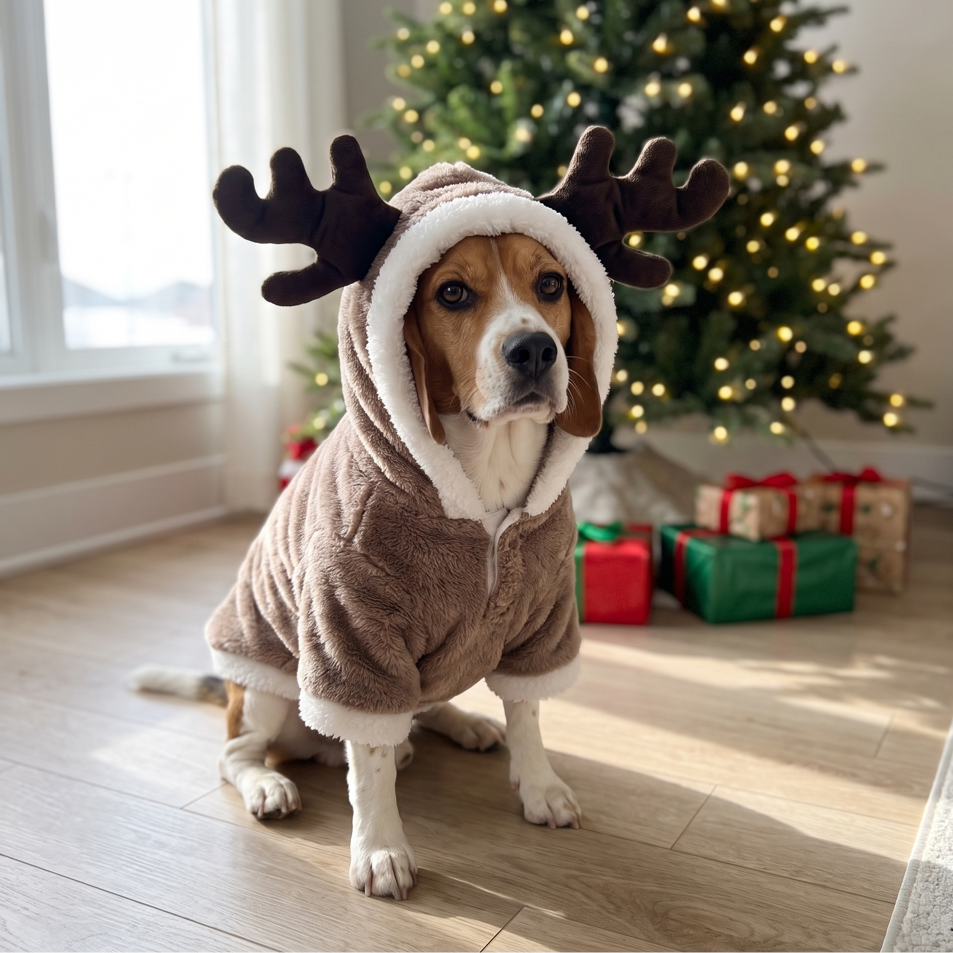 Beagle wearing the reindeer Christmas sweater by the tree - wrenwood ugc lifestyle v2