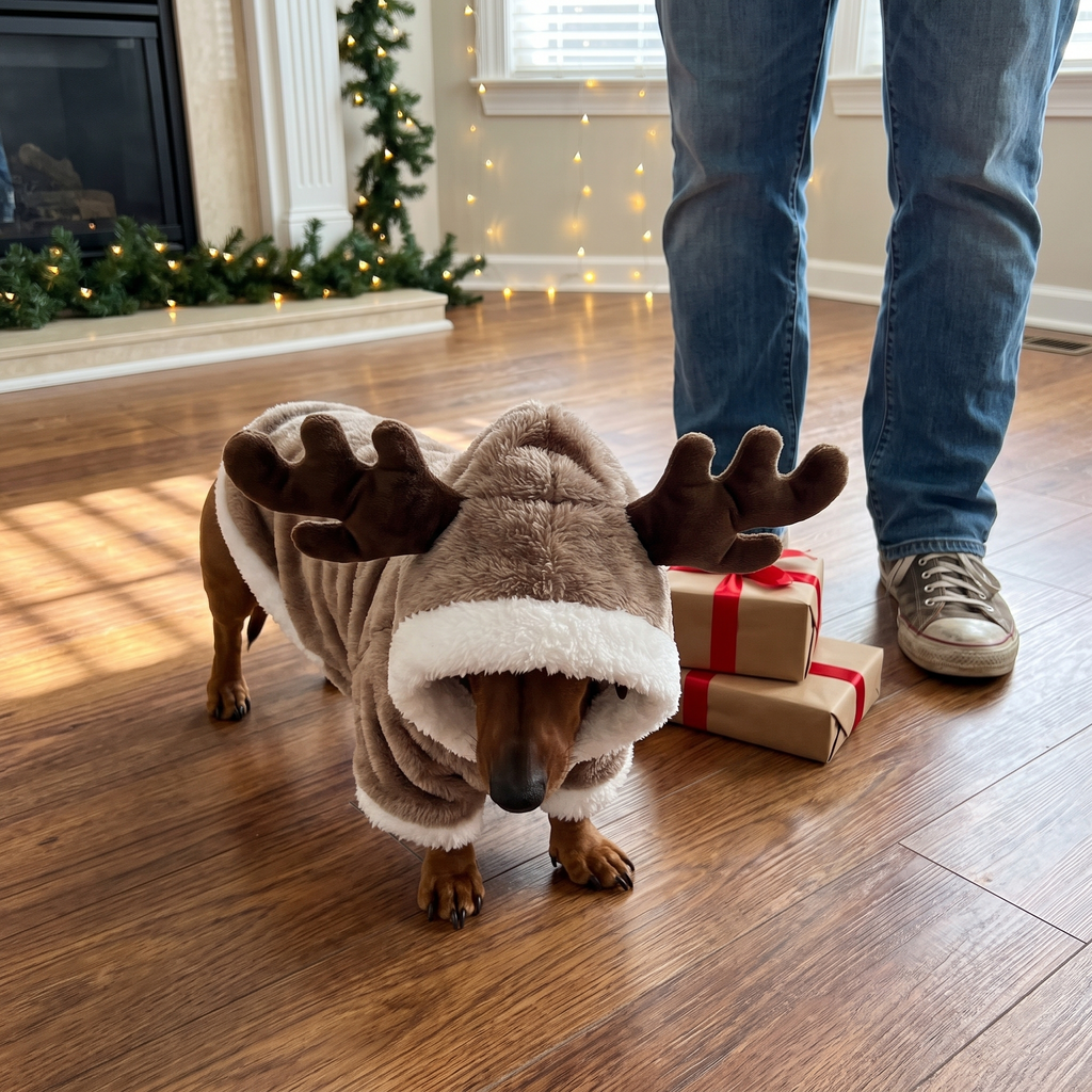 Dachshund in the Christmas sweater beside wrapped presents - wrenwood ugc lifestyle v2