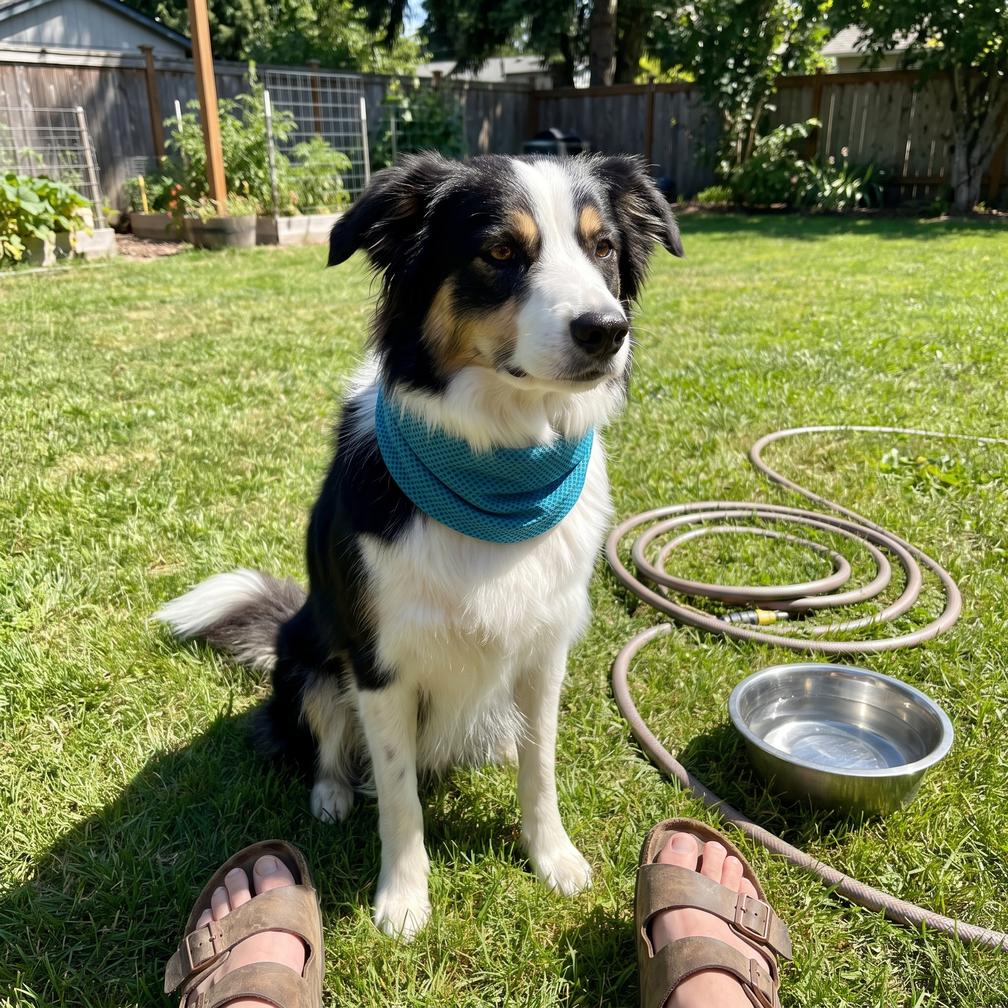 Border collie wearing the cooling bandana in the yard - wrenwood ugc lifestyle v2