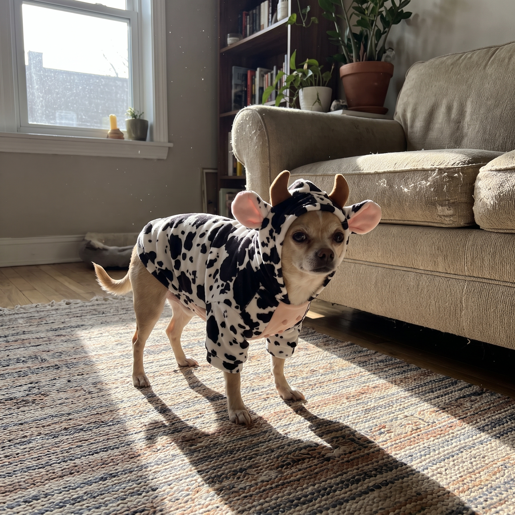 Chihuahua in the cow-print dog outfit at home - wrenwood ugc lifestyle v2