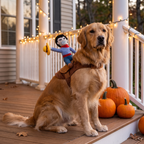 Cowboy rider dog costume on a Halloween porch - wrenwood hero v2