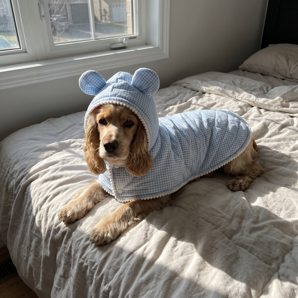 Spaniel in the blue plaid dog pajamas on the bed - wrenwood ugc lifestyle v2