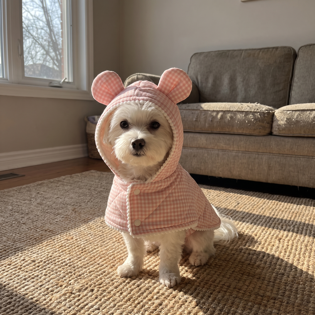 Maltese in the pink plaid dog pajamas at home - wrenwood ugc lifestyle v2