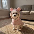 Maltese in the pink plaid dog pajamas at home - wrenwood ugc lifestyle v2
