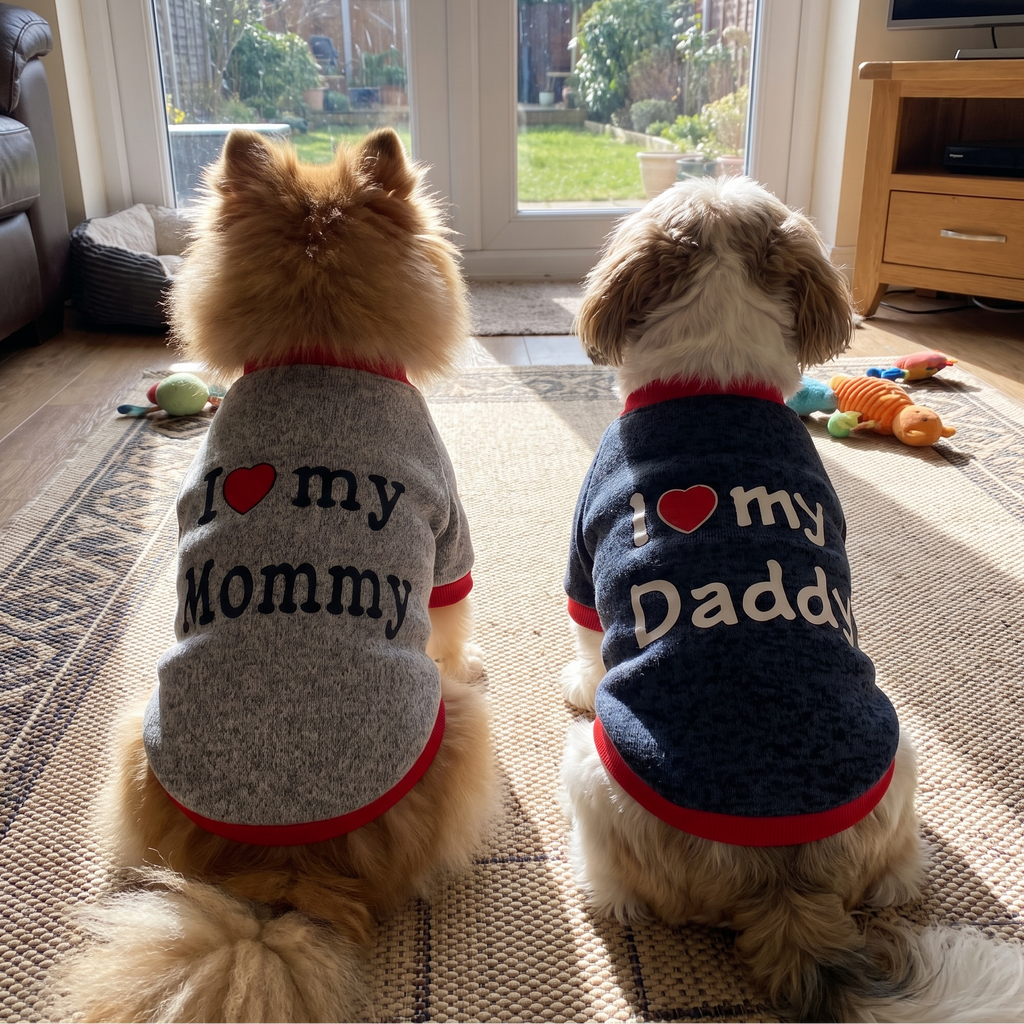 Two dogs in the Mommy and Daddy fleece sweatshirts - wrenwood ugc lifestyle v2