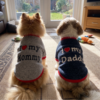Two dogs in the Mommy and Daddy fleece sweatshirts - wrenwood ugc lifestyle v2