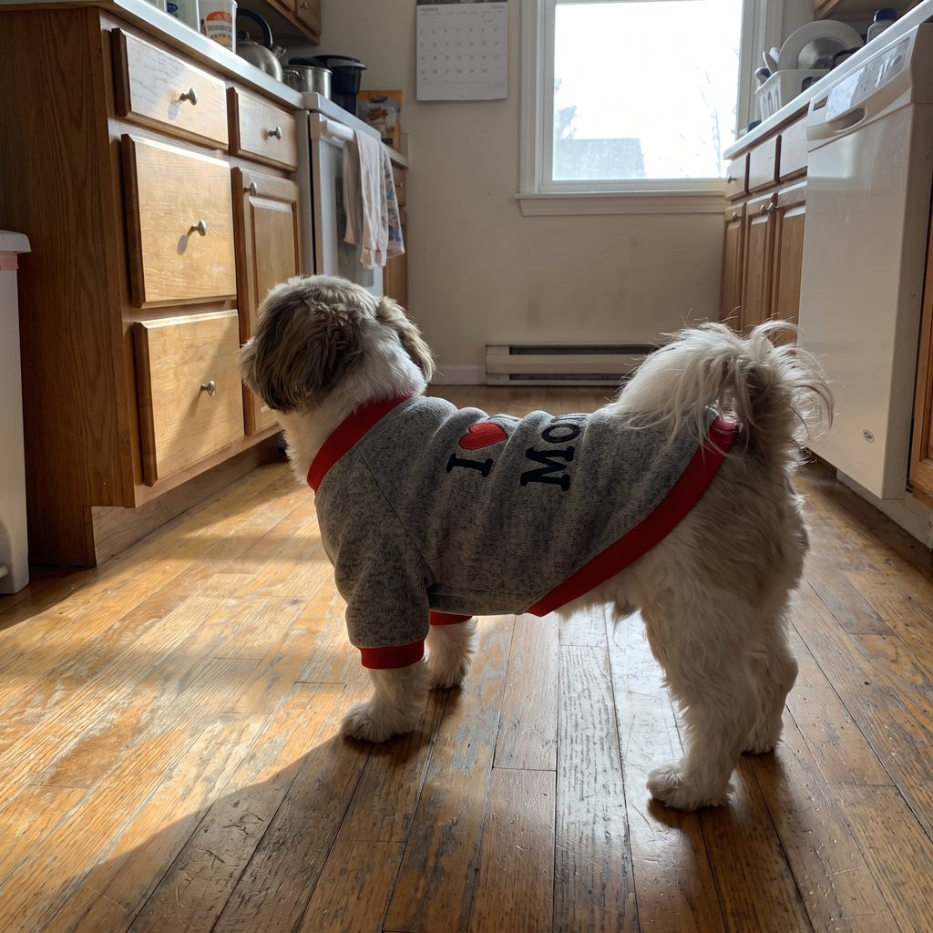 Dog in the grey I-love-my-Mommy fleece sweatshirt - wrenwood ugc lifestyle v2