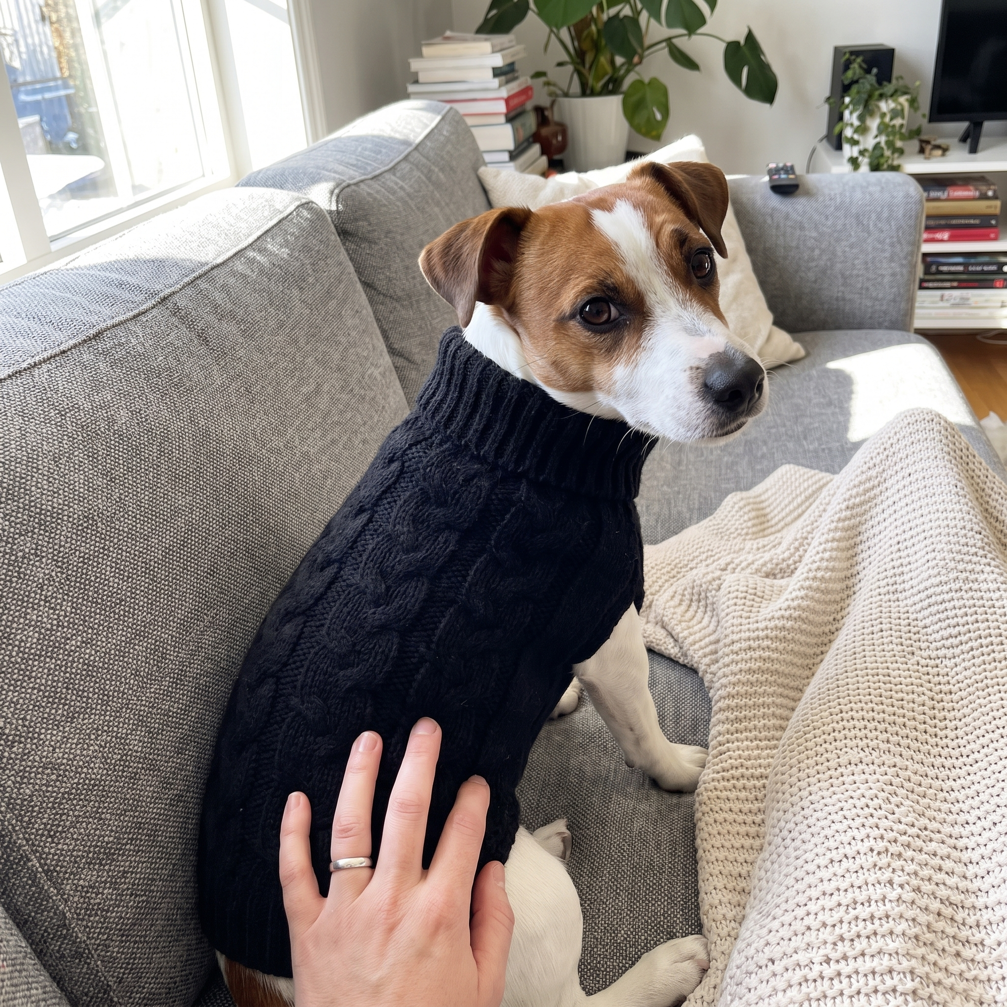 Terrier in the black knit turtleneck sweater at home - wrenwood ugc lifestyle v2