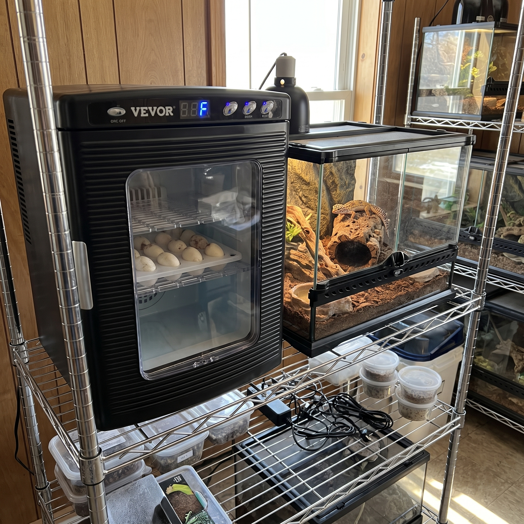 Incubator on the terrarium shelf with eggs visible - wrenwood ugc lifestyle v2