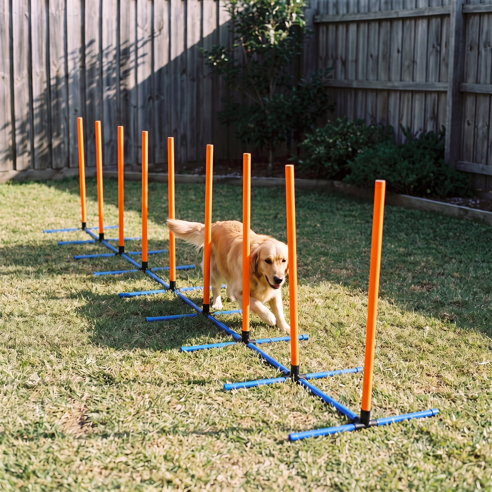 Golden retriever weaves through the orange agility poles on a backyard lawn.