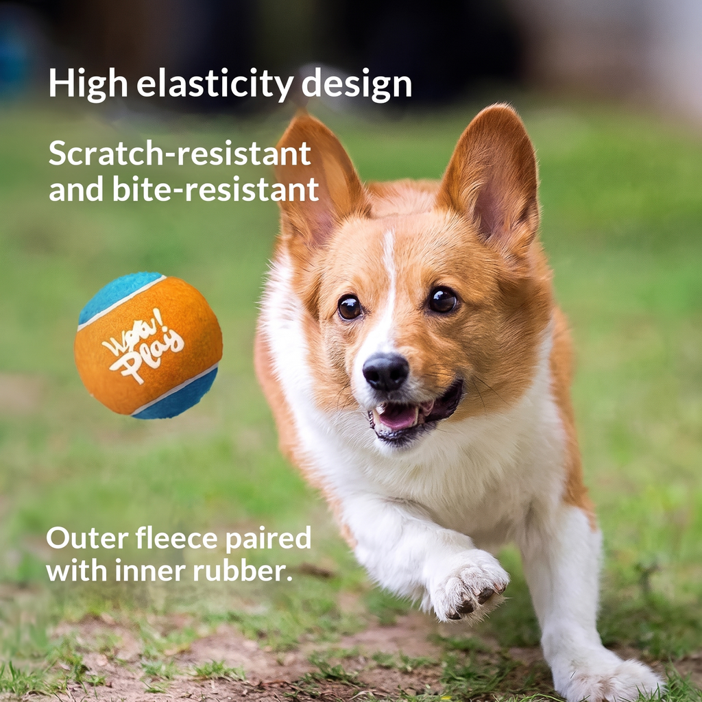 A Corgi dog running on grass with a blue and orange ball floating beside it, with text reading 'High elasticity design,' 'Scratch-resistant and bite-resistant,' and 'Outer fleece paired with inner rubber.'.