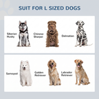 Chart of six large dog breeds labelled as suitable sizes on a plain background.